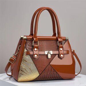 Women's Shiny Crocodile Textured Padlock Satchel - Shoulder Bag